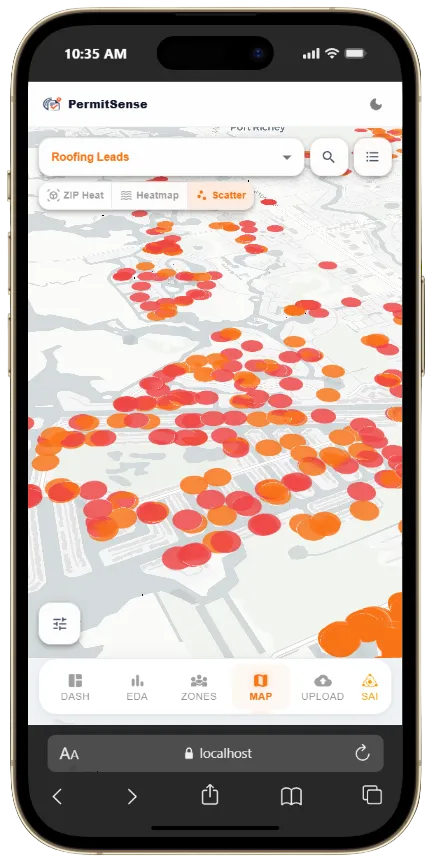 PermitSense Live Heatmap running on a mobile phone web browser